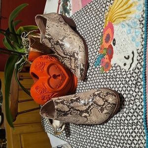 Super EUC 😍 ANTHROPOLOGIE 😍 🐍 Cream/Tan SNAKE Embossed LEATHER 👢booties sz 9